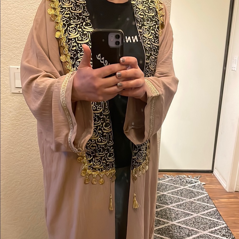 Elegant Tan Kaftan with Gold Accents
